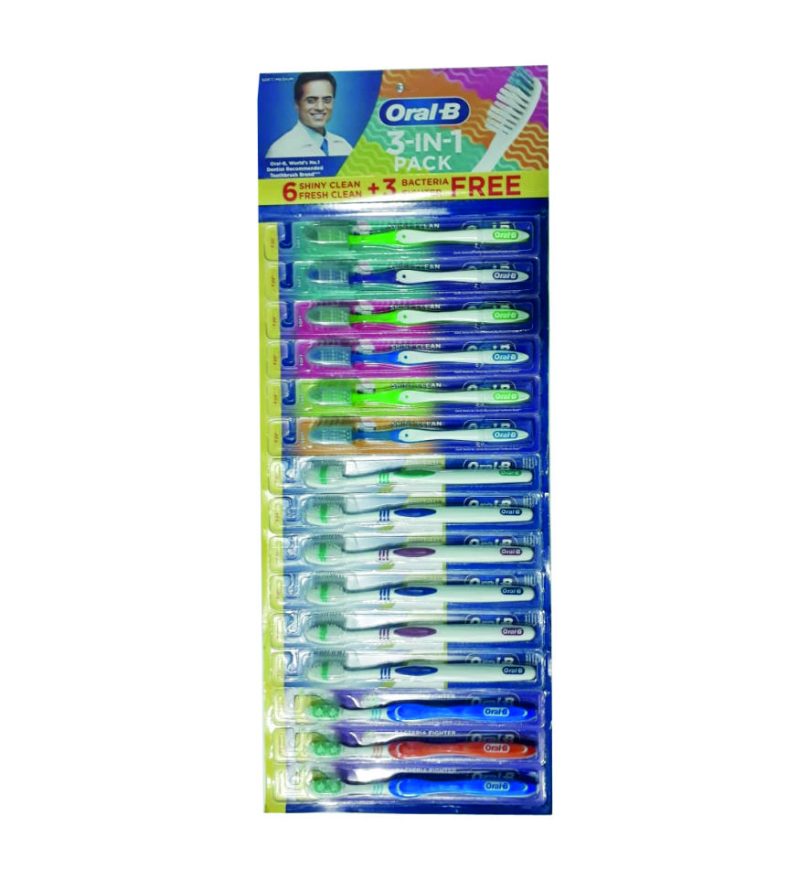 Oral B Shiny Clean Toothbrush | Pack of 12 Shiny Clean + 3 Bacteria Fighter Free